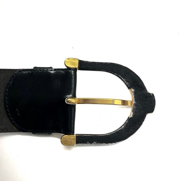 Vintage French Sculptural Leather Belt | Curved Gold Buckle | High-Shine Cinch
